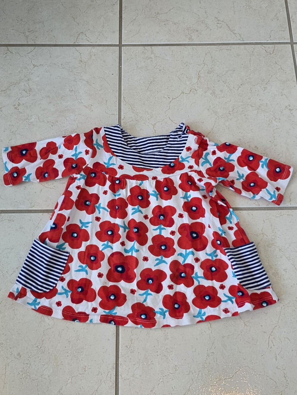 Baby Girls Red Floral Long-Sleeve Tunic Top with Navy Stripe Pockets